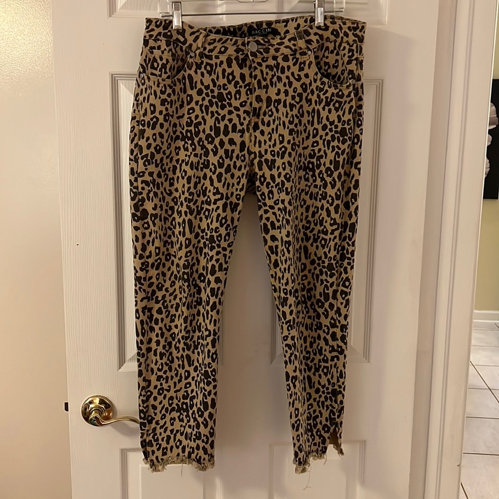 Vaccinia cheetah print jeans. Size 12. Crop length, frayed hem